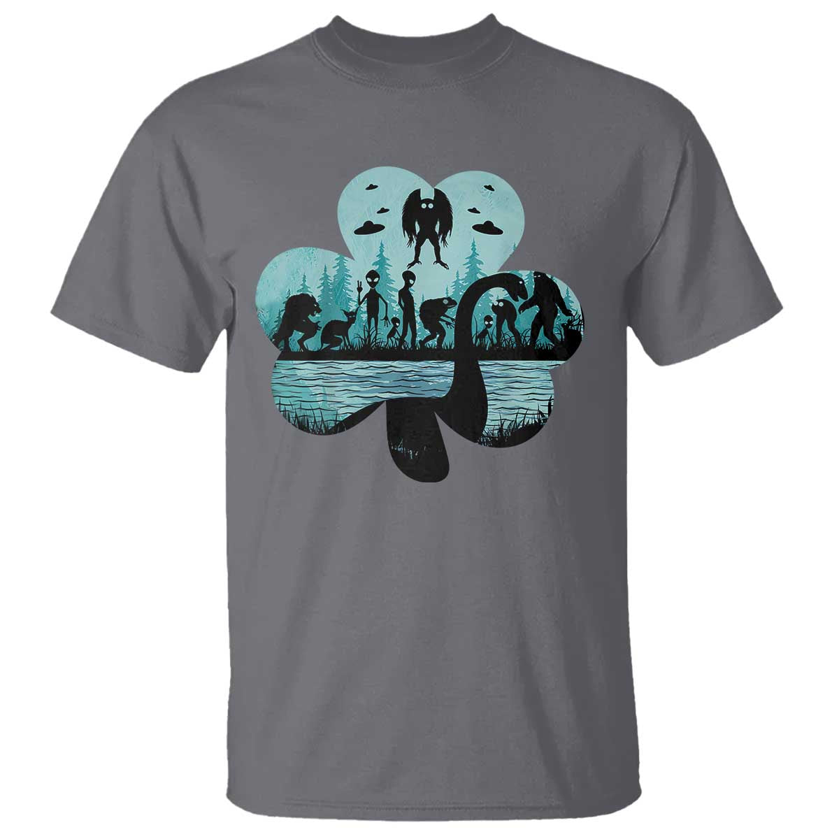 Funny Cryptid St Patrick's Day T Shirt Bigfoot Mothman Aliens Shamrock TS11 Charcoal Print Your Wear
