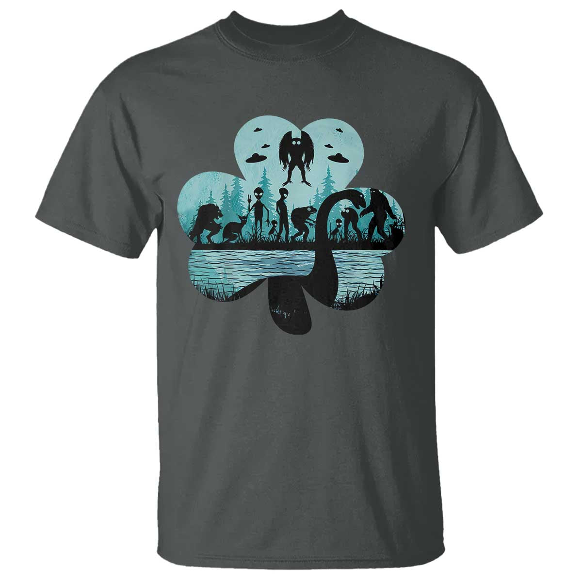 Funny Cryptid St Patrick's Day T Shirt Bigfoot Mothman Aliens Shamrock TS11 Dark Heather Print Your Wear