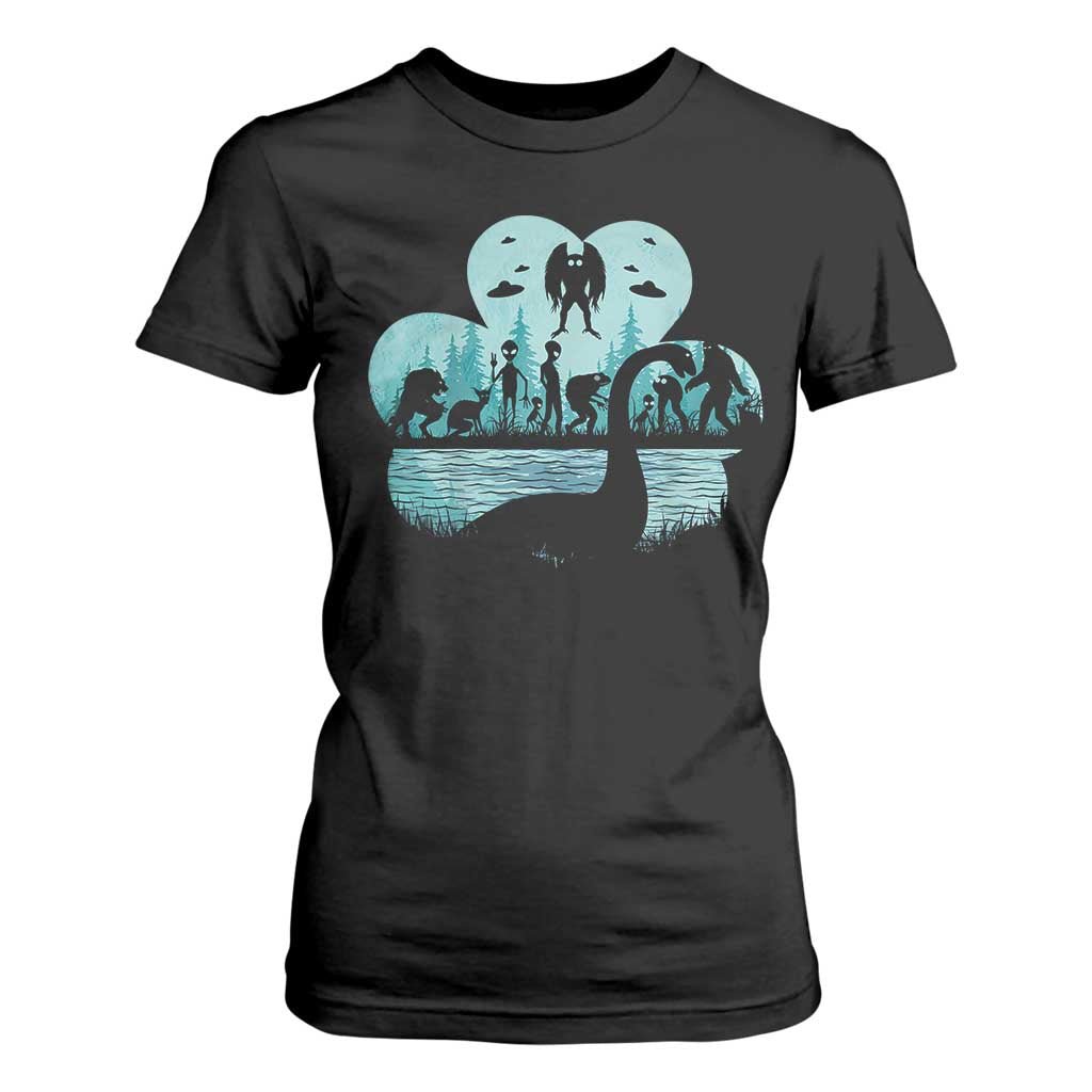 Funny Cryptid St Patrick's Day T Shirt For Women Bigfoot Mothman Aliens Shamrock TS11 Black Print Your Wear