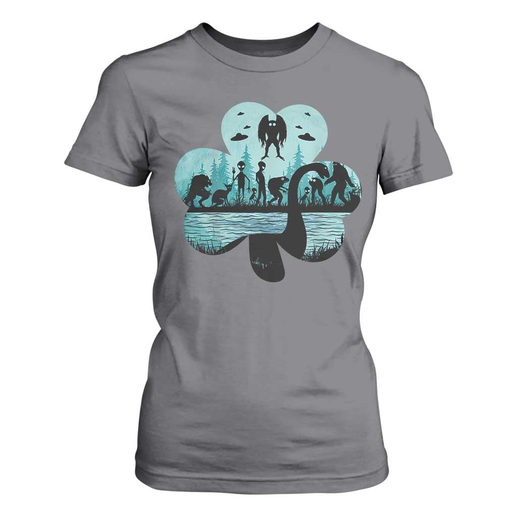 Funny Cryptid St Patrick's Day T Shirt For Women Bigfoot Mothman Aliens Shamrock TS11 Charcoal Print Your Wear