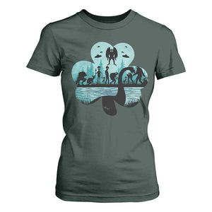 Funny Cryptid St Patrick's Day T Shirt For Women Bigfoot Mothman Aliens Shamrock TS11 Dark Forest Green Print Your Wear