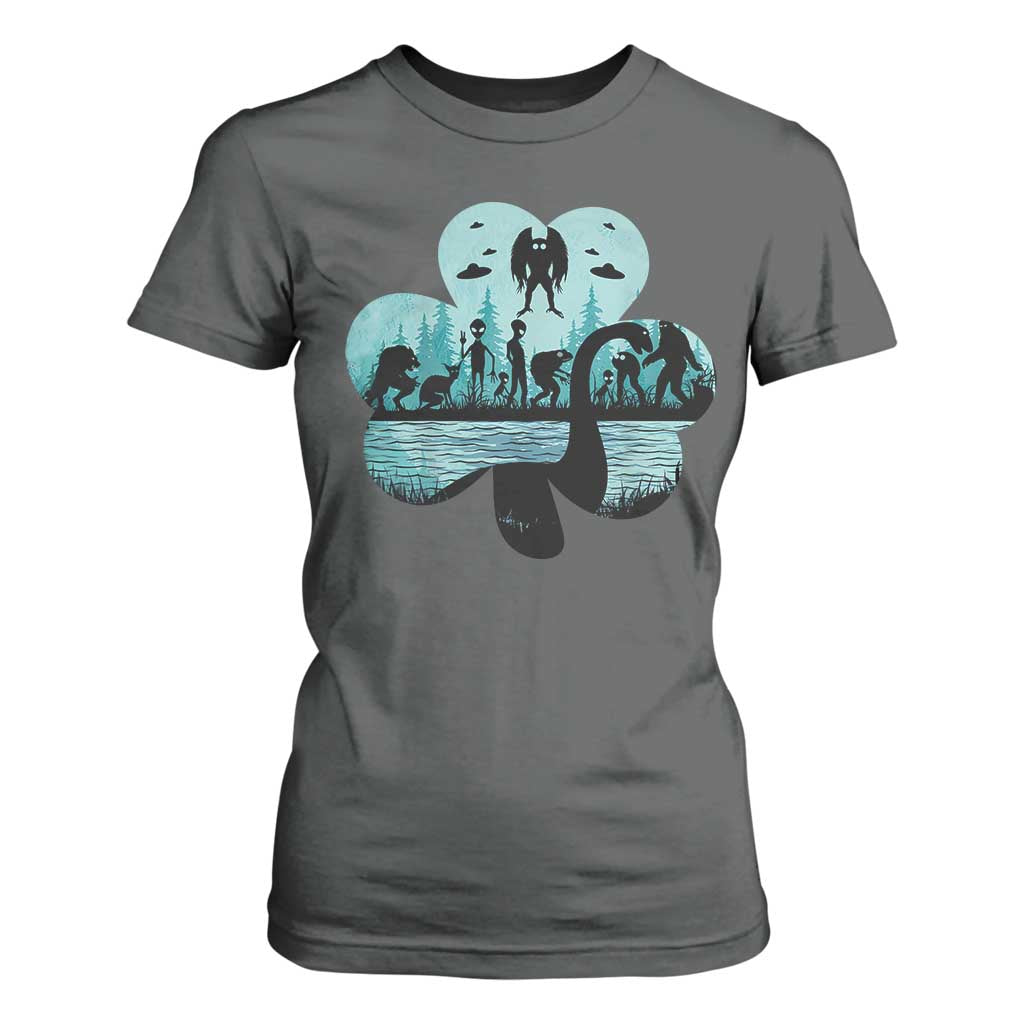 Funny Cryptid St Patrick's Day T Shirt For Women Bigfoot Mothman Aliens Shamrock TS11 Dark Heather Print Your Wear