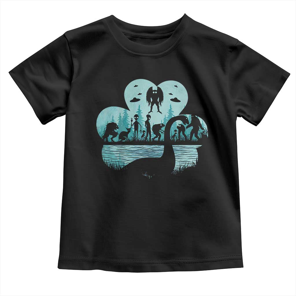 Funny Cryptid St Patrick's Day Toddler T Shirt Bigfoot Mothman Aliens Shamrock TS11 Black Print Your Wear