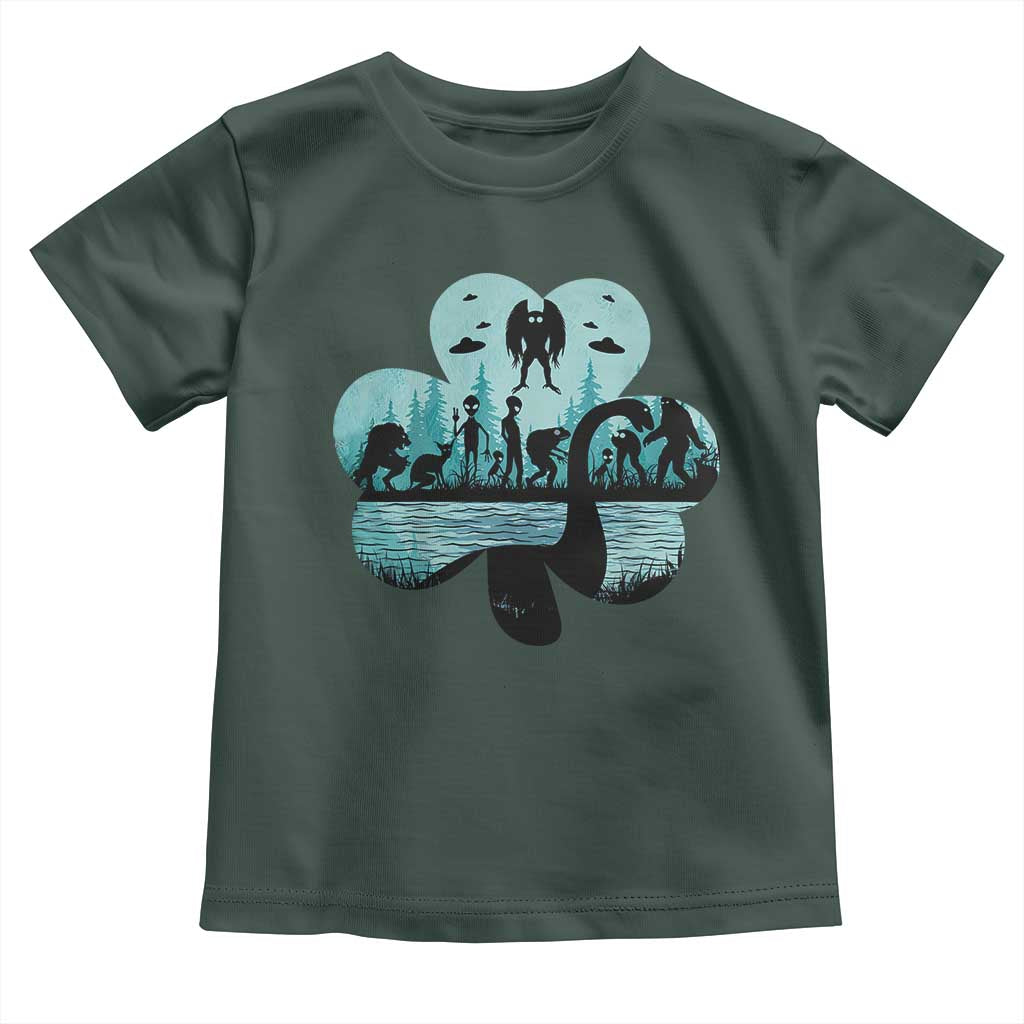 Funny Cryptid St Patrick's Day Toddler T Shirt Bigfoot Mothman Aliens Shamrock TS11 Dark Forest Green Print Your Wear