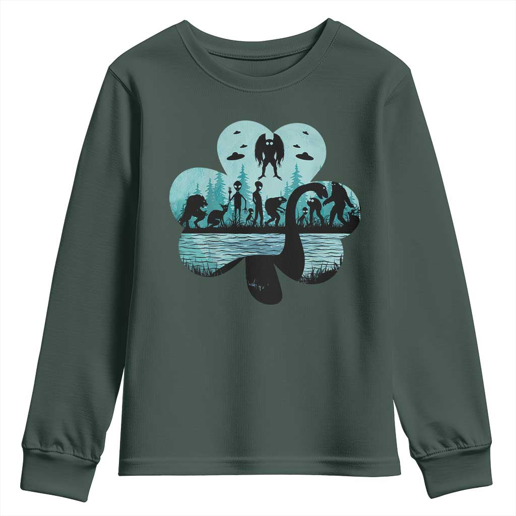 Funny Cryptid St Patrick's Day Youth Sweatshirt Bigfoot Mothman Aliens Shamrock TS11 Dark Forest Green Print Your Wear