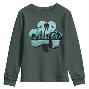 Funny Cryptid St Patrick's Day Youth Sweatshirt Bigfoot Mothman Aliens Shamrock TS11 Dark Forest Green Print Your Wear