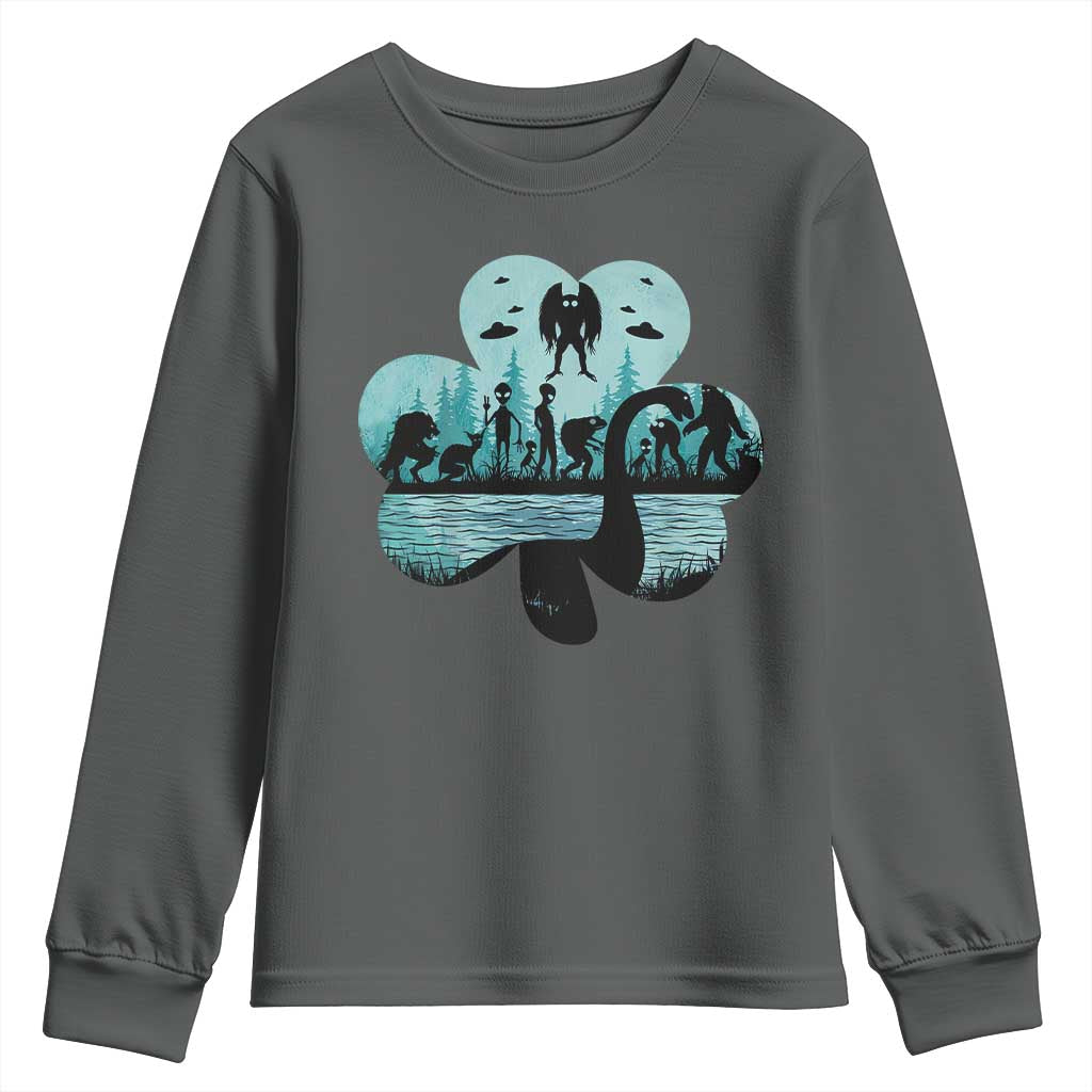 Funny Cryptid St Patrick's Day Youth Sweatshirt Bigfoot Mothman Aliens Shamrock TS11 Dark Heather Print Your Wear