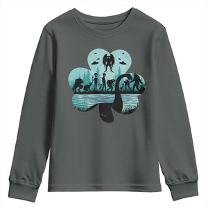 Funny Cryptid St Patrick's Day Youth Sweatshirt Bigfoot Mothman Aliens Shamrock TS11 Dark Heather Print Your Wear