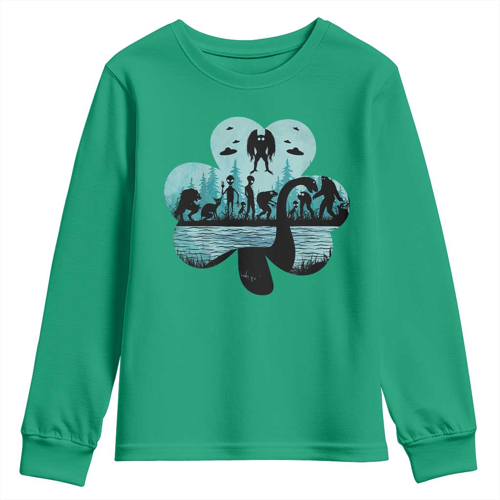 Funny Cryptid St Patrick's Day Youth Sweatshirt Bigfoot Mothman Aliens Shamrock TS11 Irish Green Print Your Wear