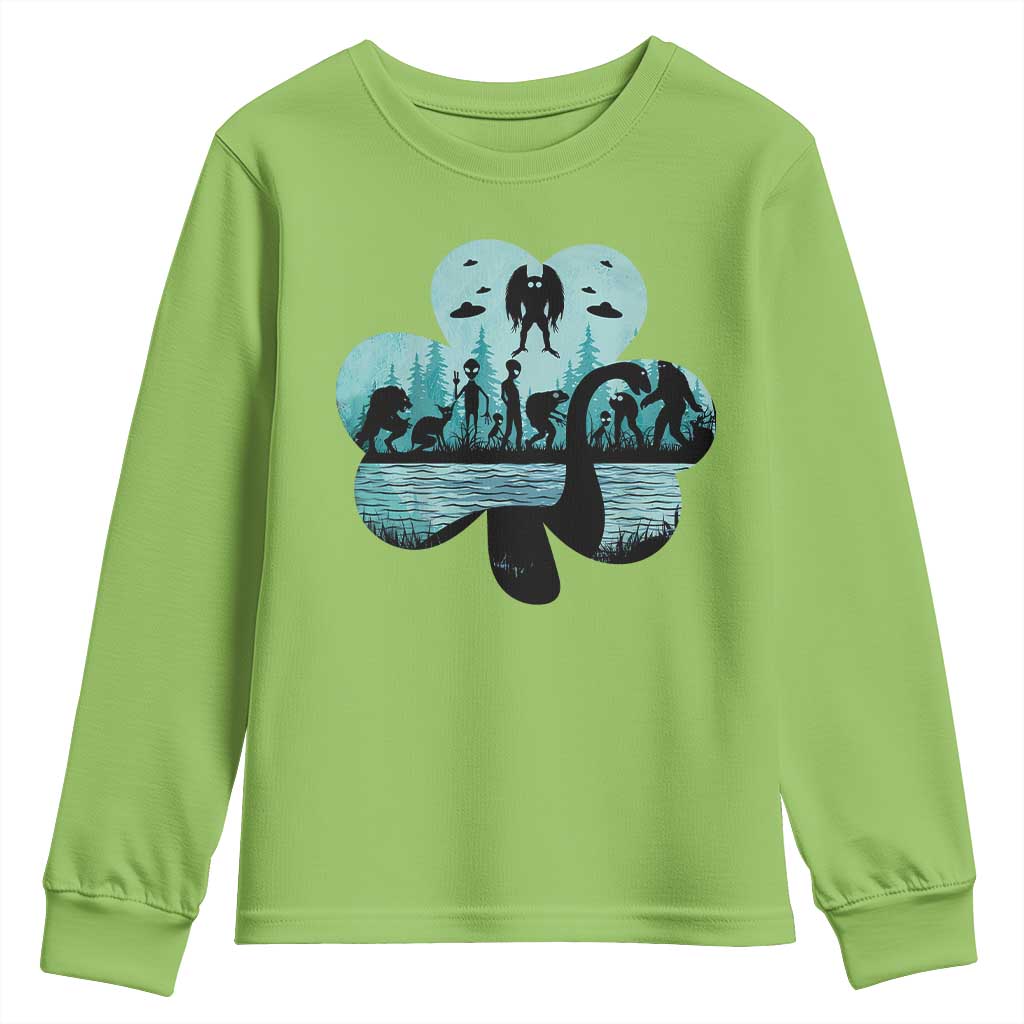 Funny Cryptid St Patrick's Day Youth Sweatshirt Bigfoot Mothman Aliens Shamrock TS11 Lime Print Your Wear