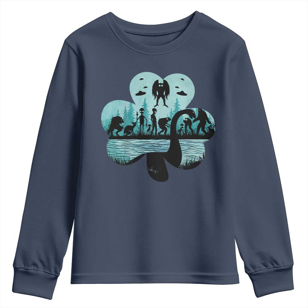 Funny Cryptid St Patrick's Day Youth Sweatshirt Bigfoot Mothman Aliens Shamrock TS11 Navy Print Your Wear