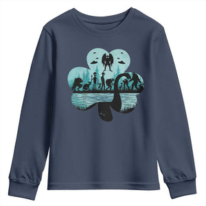 Funny Cryptid St Patrick's Day Youth Sweatshirt Bigfoot Mothman Aliens Shamrock TS11 Navy Print Your Wear