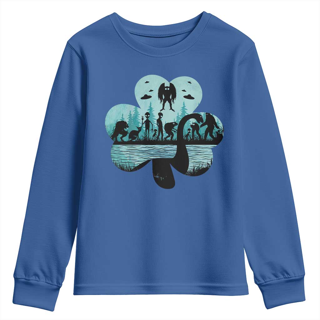 Funny Cryptid St Patrick's Day Youth Sweatshirt Bigfoot Mothman Aliens Shamrock TS11 Royal Blue Print Your Wear