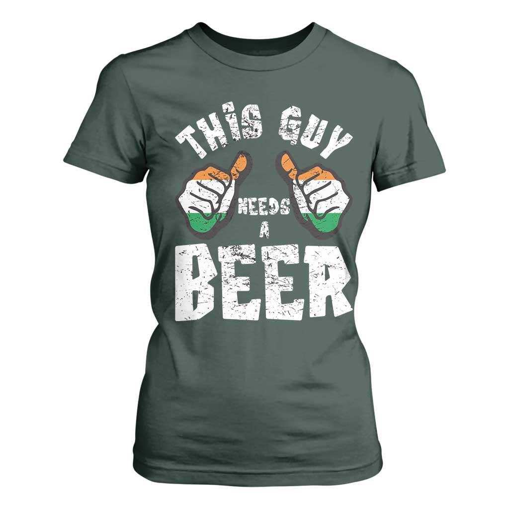 Funny Irish Beer Drinking T Shirt For Women This Guy Needs A Beer Ireland Flag TS11 Dark Forest Green Print Your Wear