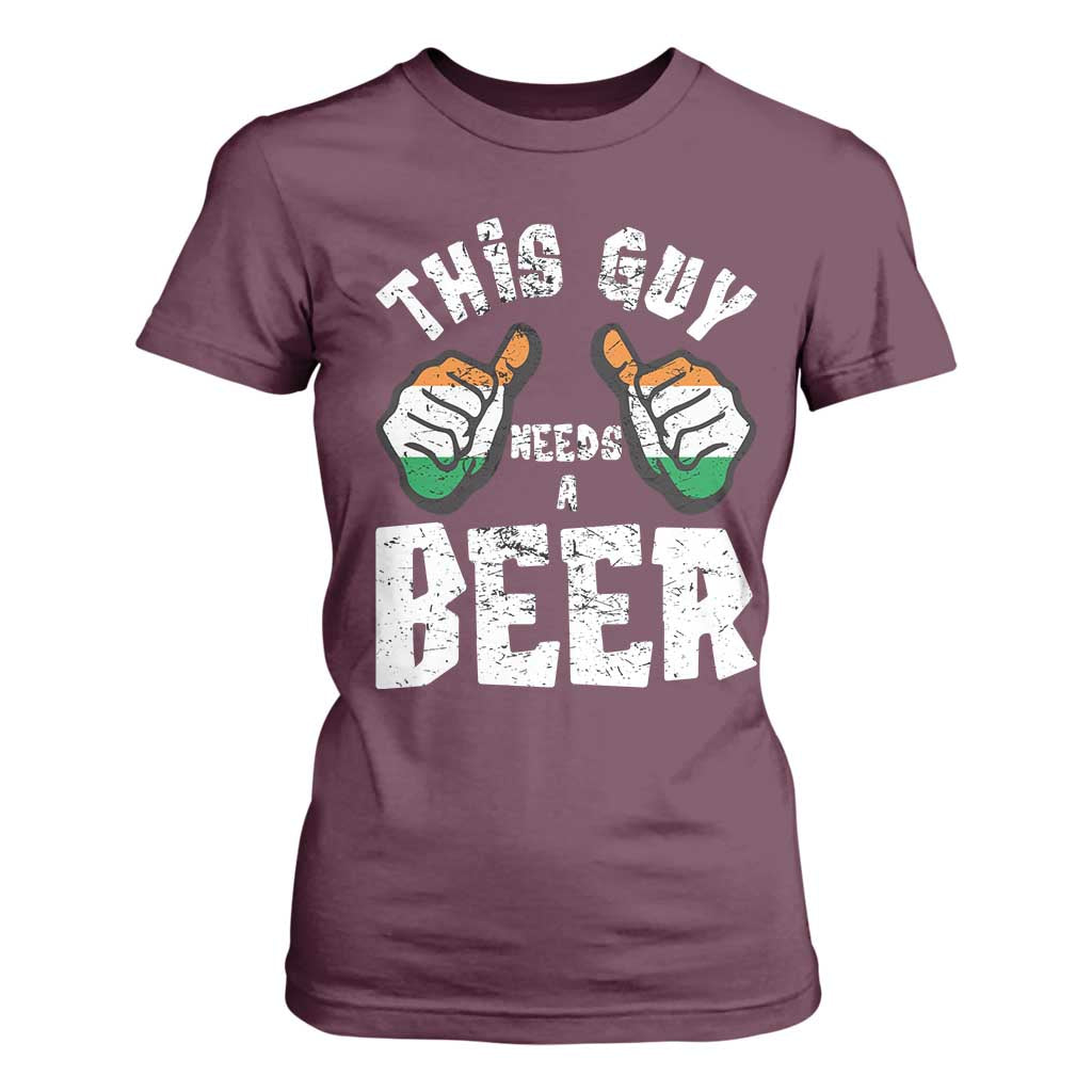 Funny Irish Beer Drinking T Shirt For Women This Guy Needs A Beer Ireland Flag TS11 Maroon Print Your Wear