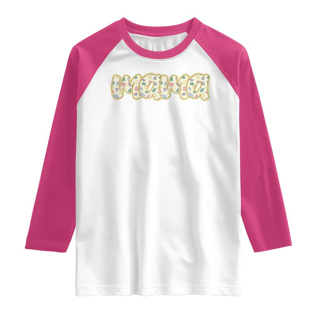 Autism Mama Raglan Shirt Autism Awareness Mental Health Puzzle Glitter Print TS11 White Heliconia Print Your Wear
