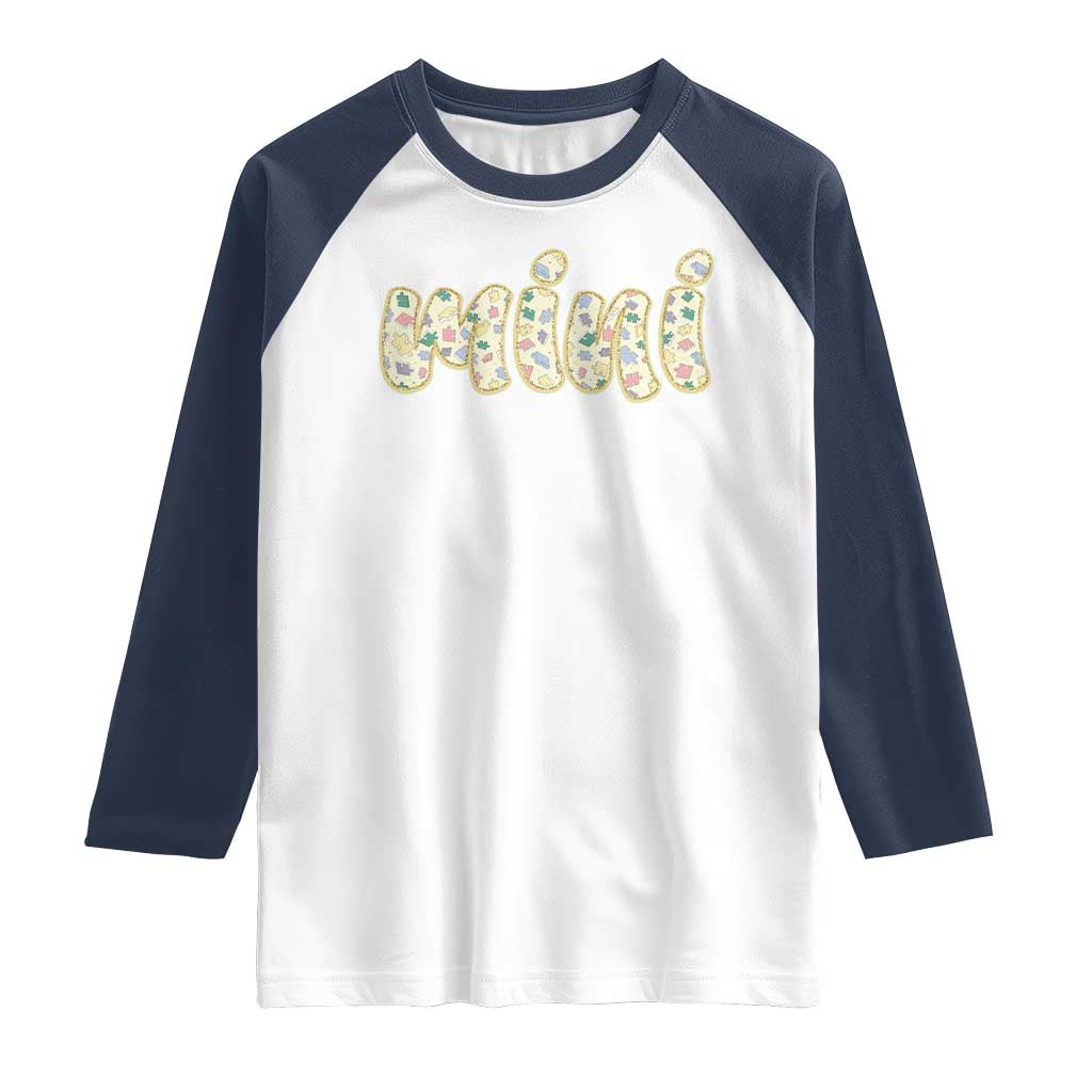 Autism Mini Raglan Shirt Autism Awareness Mental Health Puzzle Glitter Print TS11 White Navy Print Your Wear