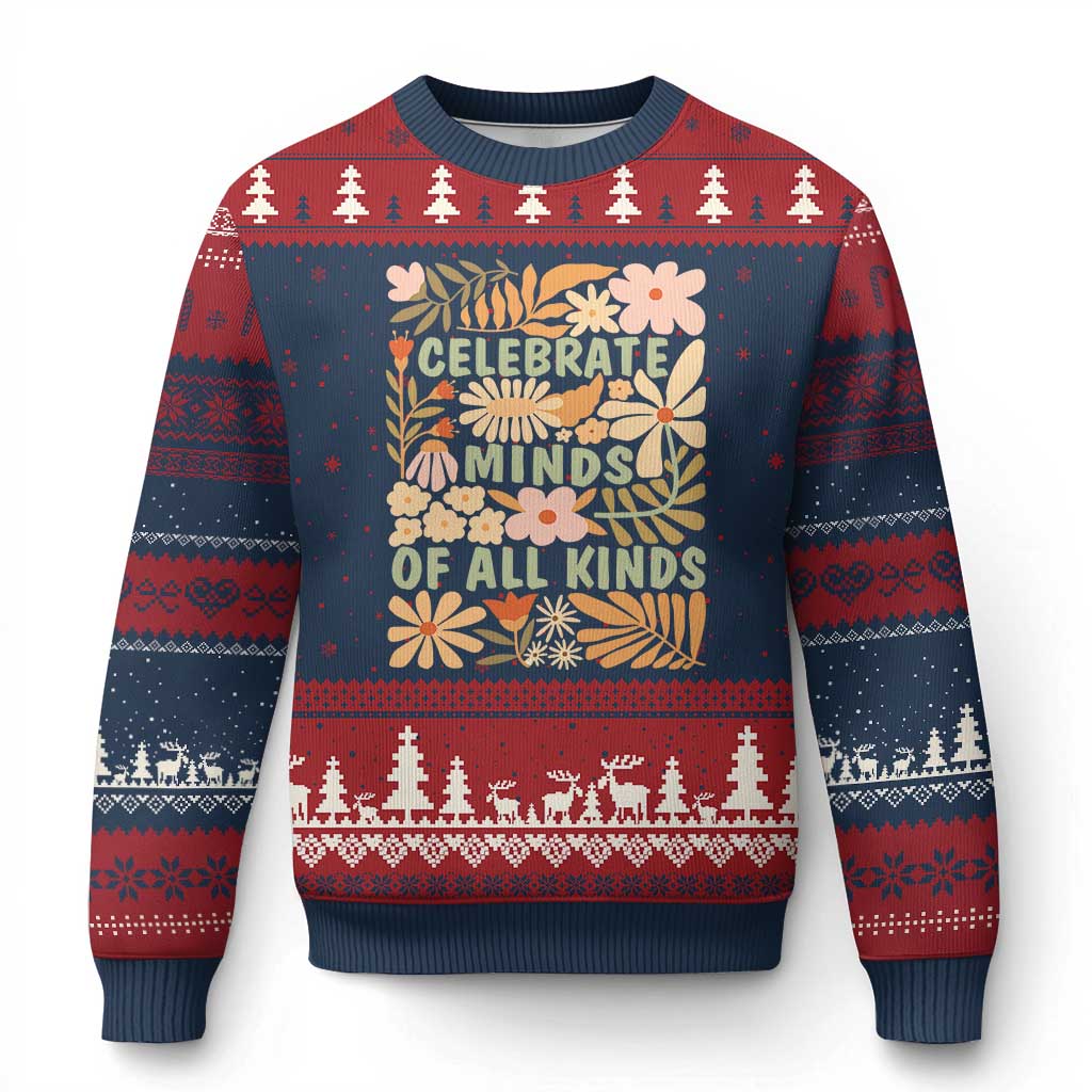 Celebrate Minds Of All Kinds Ugly Christmas Sweater Autism Awareness Inspirational Quote Flowers TS11 Navy Red Print Your Wear