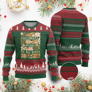 Celebrate Minds Of All Kinds Ugly Christmas Sweater Autism Awareness Inspirational Quote Flowers TS11 Red Green Print Your Wear