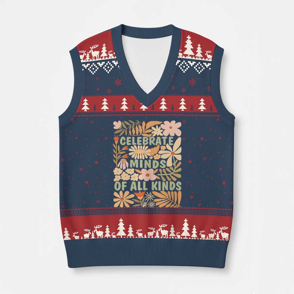 Celebrate Minds Of All Kinds V-Neck Knit Sweater Vest Autism Awareness Inspirational Quote Flowers TS11 Navy Red Print Your Wear