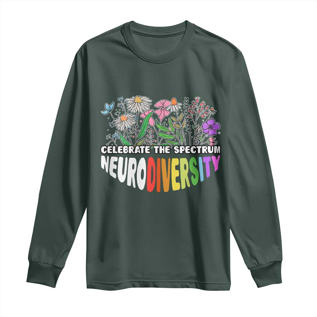 Celebrate The Spectrum Neurodiversity Long Sleeve Shirt Flower Autism Awareness ASD ADHD TS11 Dark Forest Green Print Your Wear