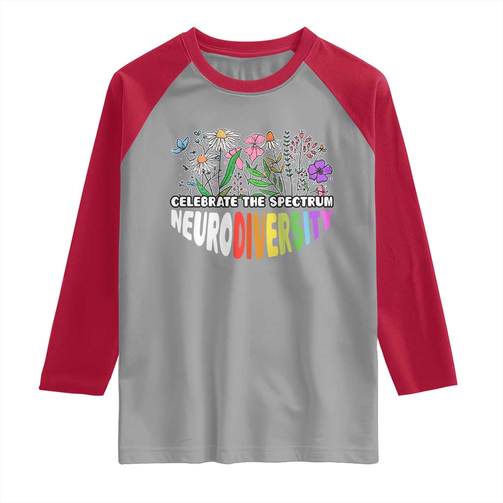 Celebrate The Spectrum Neurodiversity Raglan Shirt Flower Autism Awareness ASD ADHD TS11 Sport Gray Red Print Your Wear