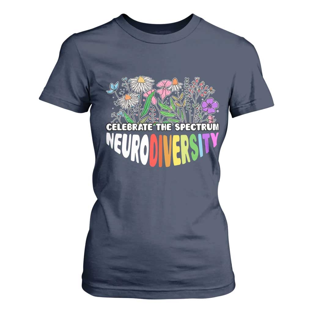 Celebrate The Spectrum Neurodiversity T Shirt For Women Flower Autism Awareness ASD ADHD TS11 Navy Print Your Wear