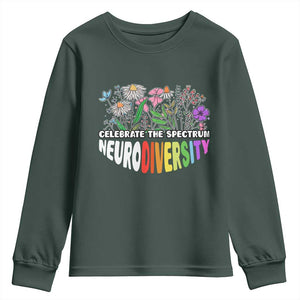 Celebrate The Spectrum Neurodiversity Youth Sweatshirt Flower Autism Awareness ASD ADHD TS11 Dark Forest Green Print Your Wear