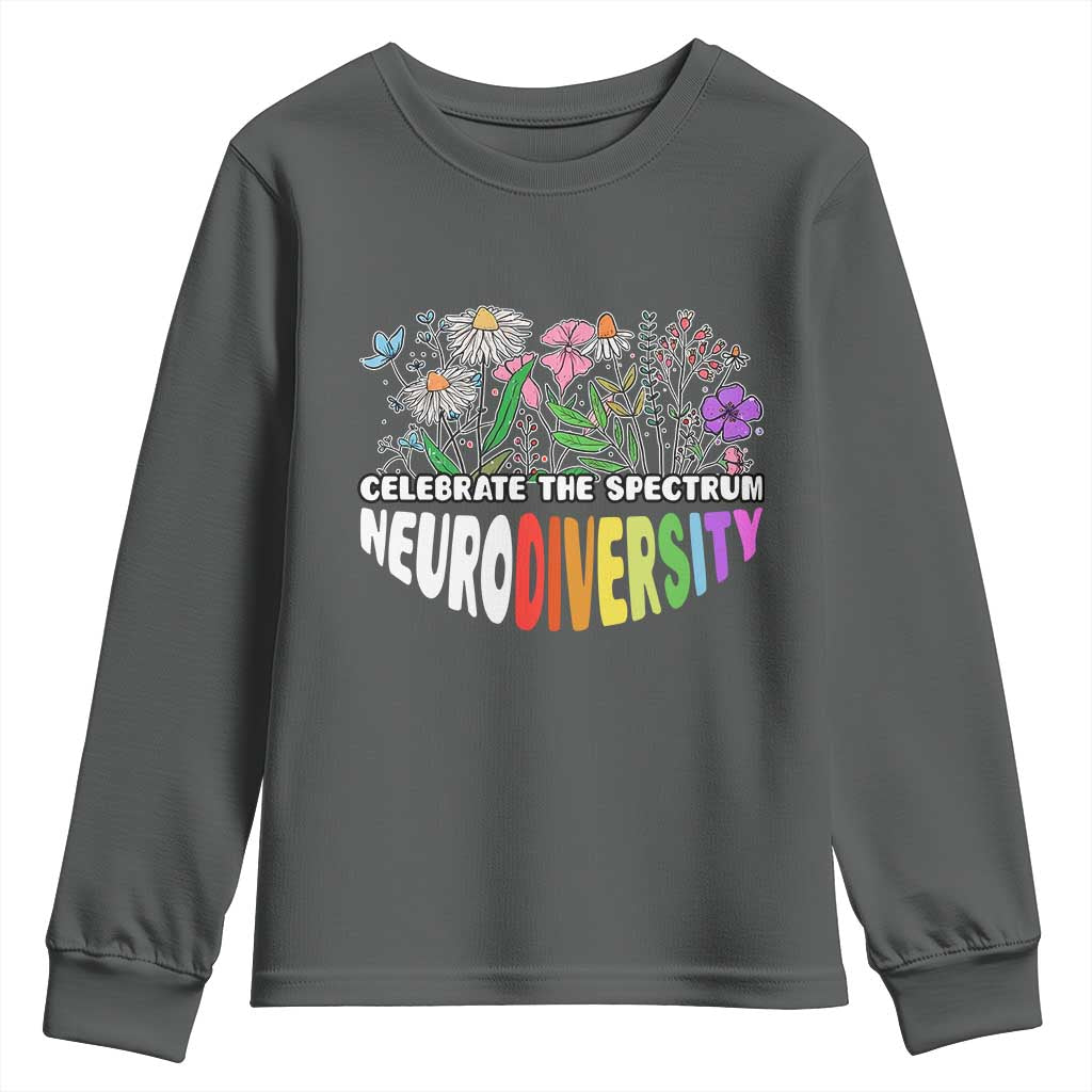 Celebrate The Spectrum Neurodiversity Youth Sweatshirt Flower Autism Awareness ASD ADHD TS11 Dark Heather Print Your Wear