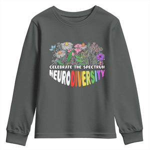 Celebrate The Spectrum Neurodiversity Youth Sweatshirt Flower Autism Awareness ASD ADHD TS11 Dark Heather Print Your Wear