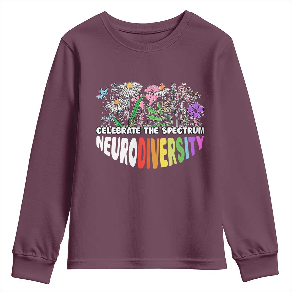 Celebrate The Spectrum Neurodiversity Youth Sweatshirt Flower Autism Awareness ASD ADHD TS11 Maroon Print Your Wear