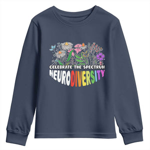 Celebrate The Spectrum Neurodiversity Youth Sweatshirt Flower Autism Awareness ASD ADHD TS11 Navy Print Your Wear