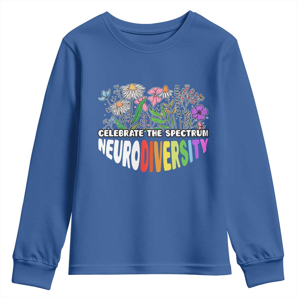 Celebrate The Spectrum Neurodiversity Youth Sweatshirt Flower Autism Awareness ASD ADHD TS11 Royal Blue Print Your Wear