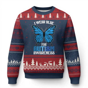I Wear Blue For Autism Awareness Ugly Christmas Sweater Blue Butterfly Puzzle Pieces TS11 Navy Red Print Your Wear