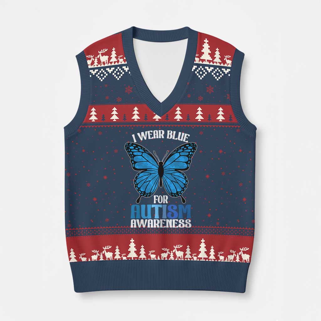 I Wear Blue For Autism Awareness V-Neck Knit Sweater Vest Blue Butterfly Puzzle Pieces TS11 Navy Red Print Your Wear