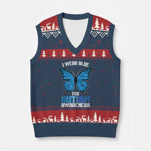 I Wear Blue For Autism Awareness V-Neck Knit Sweater Vest Blue Butterfly Puzzle Pieces TS11 Navy Red Print Your Wear