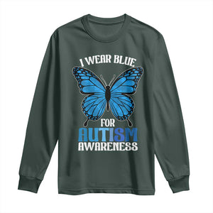 I Wear Blue For Autism Awareness Long Sleeve Shirt Blue Butterfly Puzzle Pieces TS11 Dark Forest Green Print Your Wear