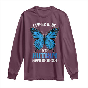 I Wear Blue For Autism Awareness Long Sleeve Shirt Blue Butterfly Puzzle Pieces TS11 Maroon Print Your Wear