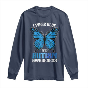 I Wear Blue For Autism Awareness Long Sleeve Shirt Blue Butterfly Puzzle Pieces TS11 Navy Print Your Wear