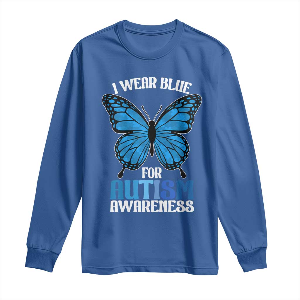 I Wear Blue For Autism Awareness Long Sleeve Shirt Blue Butterfly Puzzle Pieces TS11 Royal Blue Print Your Wear