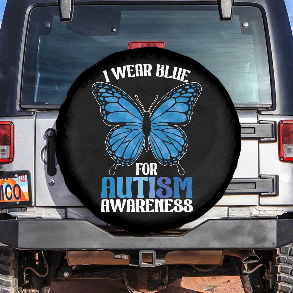I Wear Blue For Autism Awareness Spare Tire Cover Blue Butterfly Puzzle Pieces TS11 No hole Black Print Your Wear