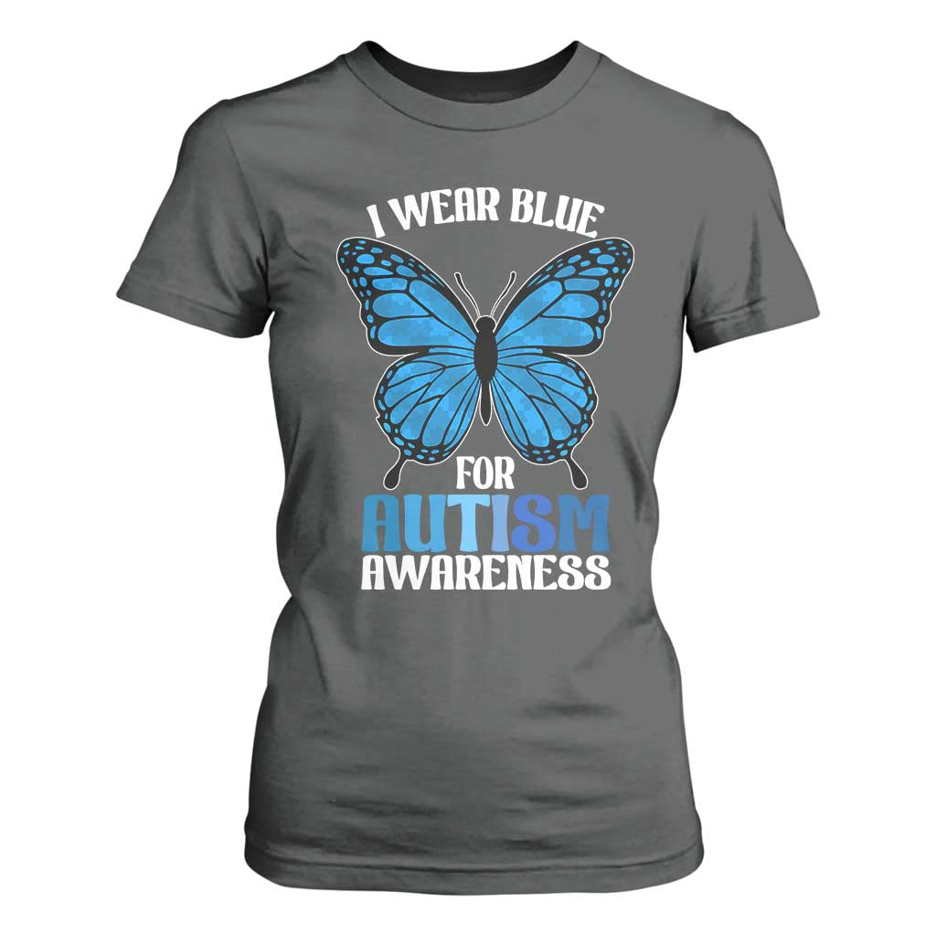 I Wear Blue For Autism Awareness T Shirt For Women Blue Butterfly Puzzle Pieces TS11 Dark Heather Print Your Wear