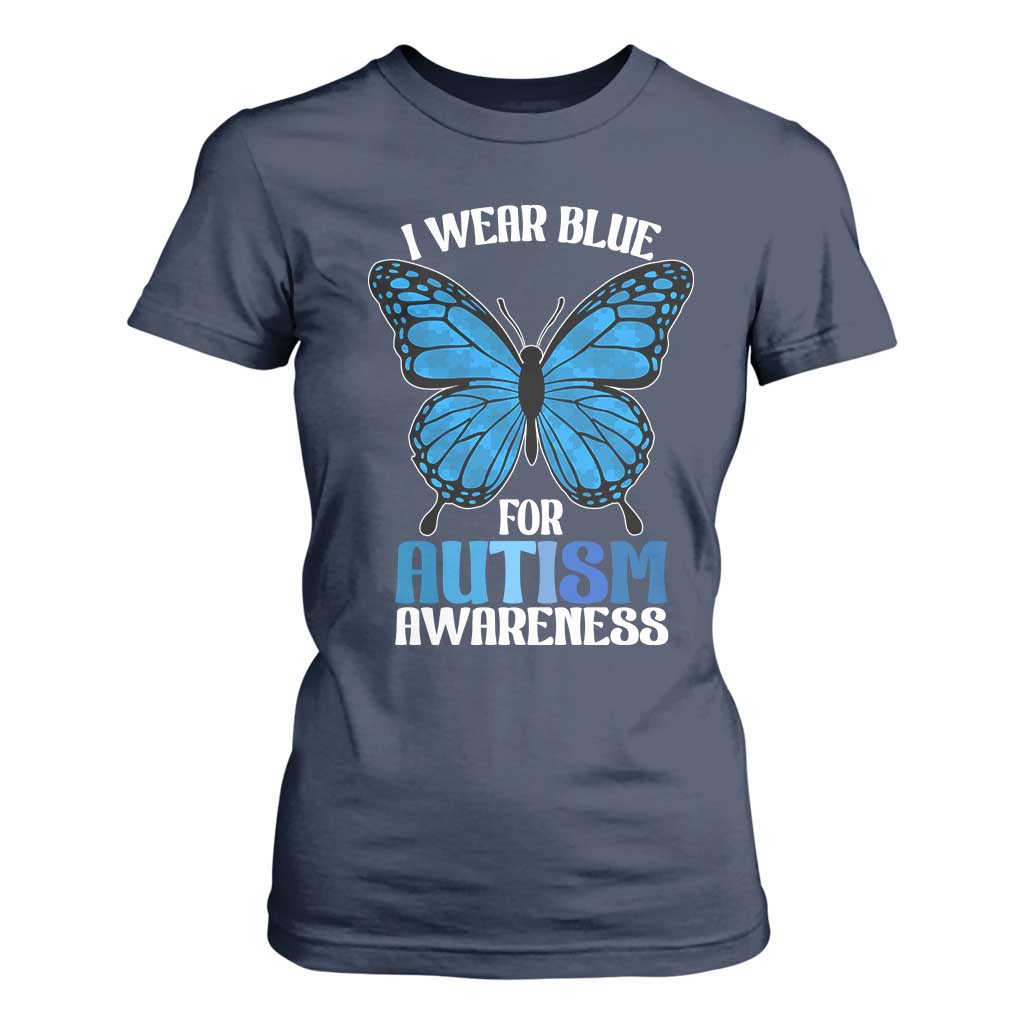 I Wear Blue For Autism Awareness T Shirt For Women Blue Butterfly Puzzle Pieces TS11 Navy Print Your Wear