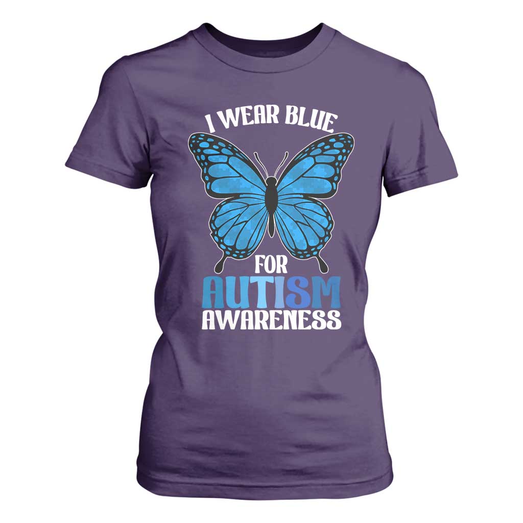 I Wear Blue For Autism Awareness T Shirt For Women Blue Butterfly Puzzle Pieces TS11 Purple Print Your Wear