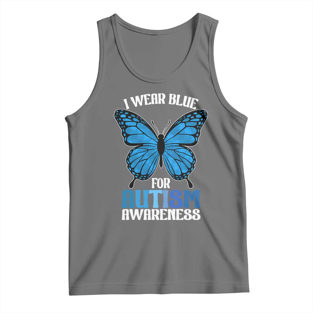 I Wear Blue For Autism Awareness Tank Top Blue Butterfly Puzzle Pieces TS11 Black Heather Print Your Wear
