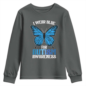 I Wear Blue For Autism Awareness Youth Sweatshirt Blue Butterfly Puzzle Pieces TS11 Dark Heather Print Your Wear