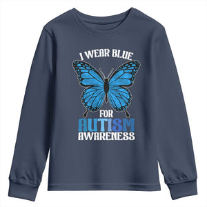 I Wear Blue For Autism Awareness Youth Sweatshirt Blue Butterfly Puzzle Pieces TS11 Navy Print Your Wear