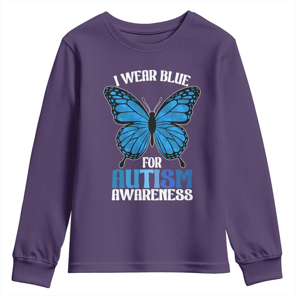 I Wear Blue For Autism Awareness Youth Sweatshirt Blue Butterfly Puzzle Pieces TS11 Purple Print Your Wear