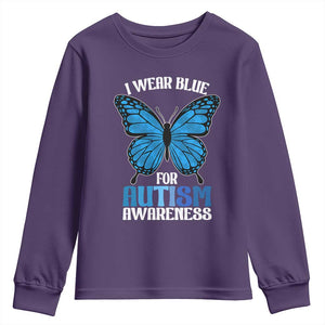 I Wear Blue For Autism Awareness Youth Sweatshirt Blue Butterfly Puzzle Pieces TS11 Purple Print Your Wear