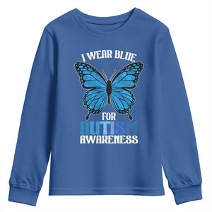 I Wear Blue For Autism Awareness Youth Sweatshirt Blue Butterfly Puzzle Pieces TS11 Royal Blue Print Your Wear